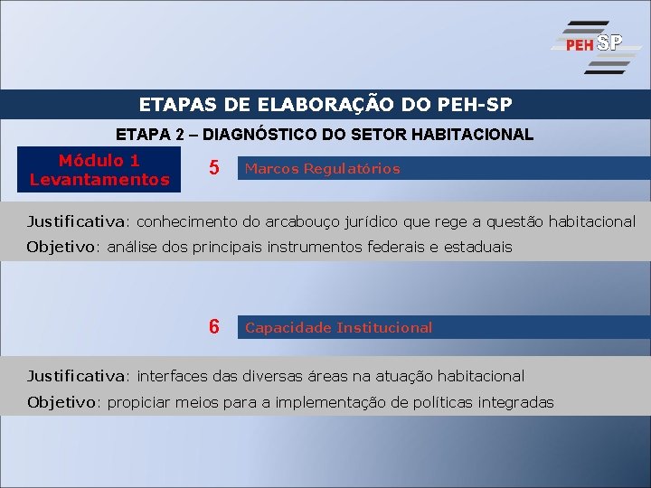 ETAPAS DE ELABORAÇÃO DO PEH-SP ETAPA 2 – DIAGNÓSTICO DO SETOR HABITACIONAL Módulo 1