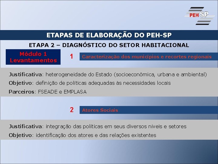 ETAPAS DE ELABORAÇÃO DO PEH-SP ETAPA 2 – DIAGNÓSTICO DO SETOR HABITACIONAL Módulo 1