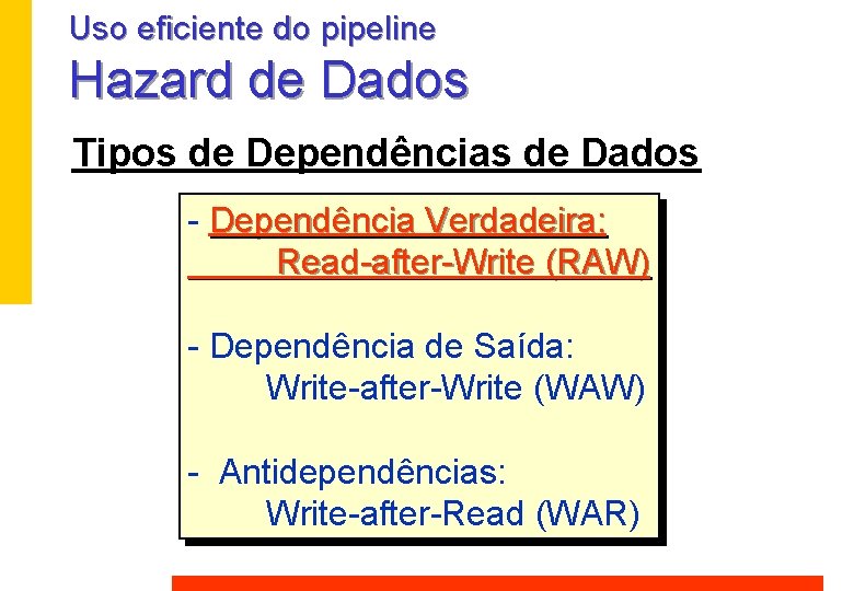 Uso eficiente do pipeline Hazard de Dados Tipos de Dependências de Dados - Dependência Uso eficiente do pipeline Hazard de Dados Tipos de Dependências de Dados - Dependência