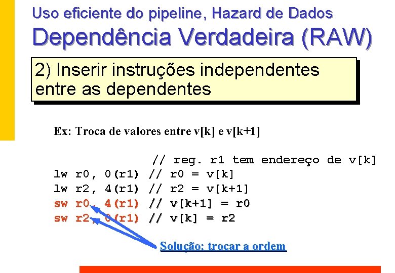 Uso eficiente do pipeline, Hazard de Dados Dependência Verdadeira (RAW) 2) Inserir instruções independentes Uso eficiente do pipeline, Hazard de Dados Dependência Verdadeira (RAW) 2) Inserir instruções independentes