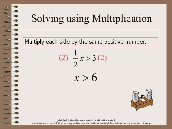 Solving using Multiplication Multiply each side by the same positive number. (2) ﺍﻟﺮﻳﺎﺿﻴﺎﺕ –