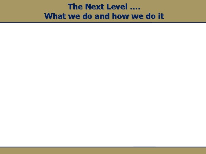 The Next Level …. What we do and how we do it 
