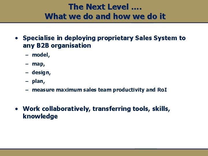 The Next Level …. What we do and how we do it • Specialise