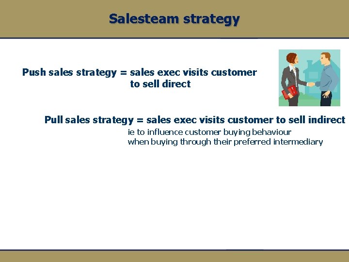 Salesteam strategy Push sales strategy = sales exec visits customer to sell direct Pull