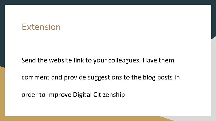 Extension Send the website link to your colleagues. Have them comment and provide suggestions