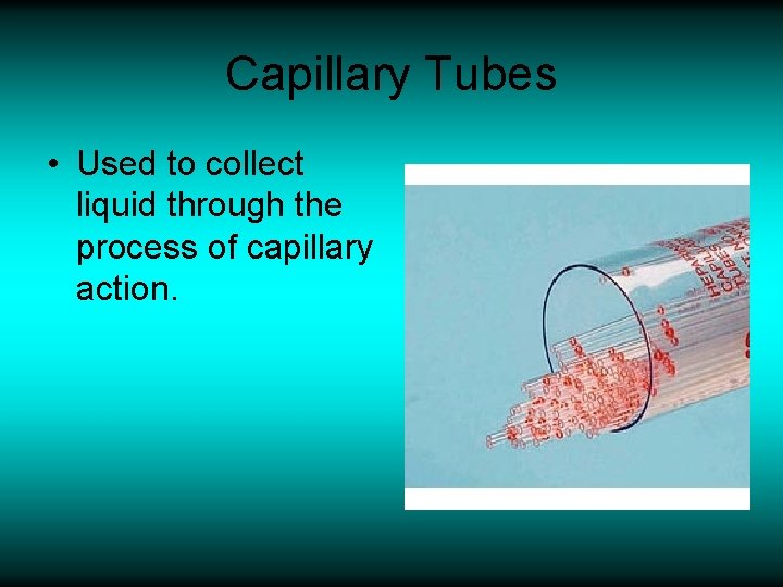 Capillary Tubes • Used to collect liquid through the process of capillary action. 