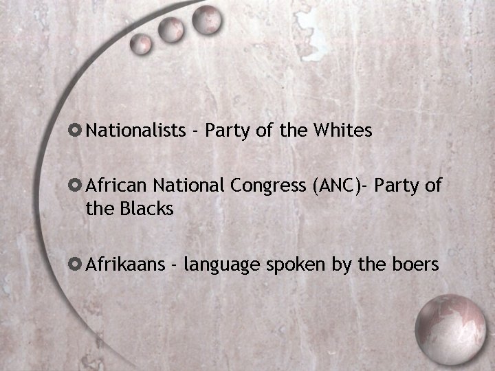  Nationalists - Party of the Whites African National Congress (ANC)- Party of the