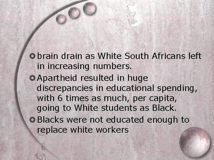  brain drain as White South Africans left in increasing numbers. Apartheid resulted in