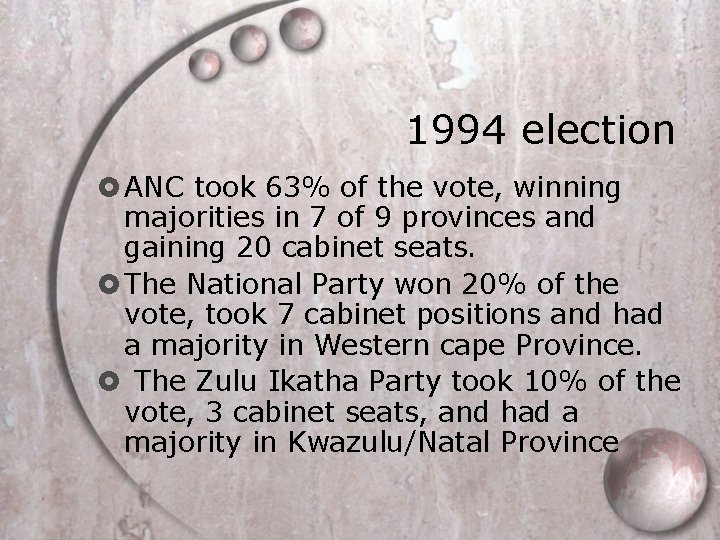 1994 election ANC took 63% of the vote, winning majorities in 7 of 9