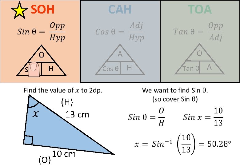 SOH CAH TOA O Sin θ H Cos θ (H) 13 cm (O) 10