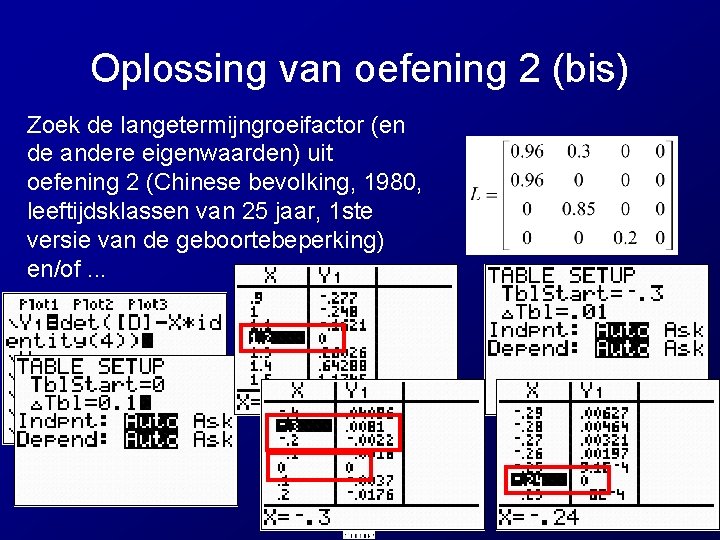 Oplossing van oefening 2 (bis) Zoek de langetermijngroeifactor (en de andere eigenwaarden) uit oefening