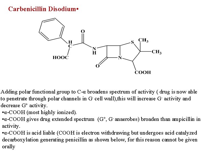 Carbenicillin Disodium • Adding polar functional group to C-α broadens spectrum of activity (