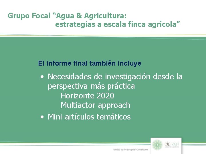 Grupo Focal “Agua & Agricultura: estrategias a escala finca agrícola” El informe final también
