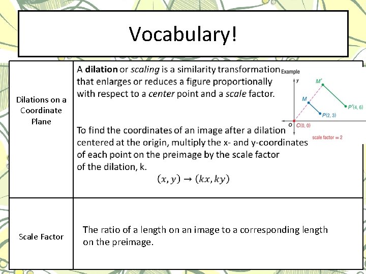Vocabulary! Dilations on a Coordinate Plane Scale Factor The ratio of a length on
