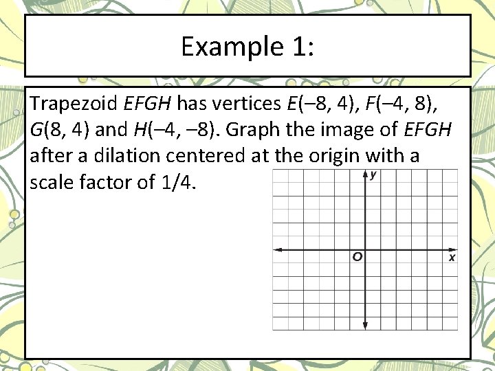 Example 1: Trapezoid EFGH has vertices E(– 8, 4), F(– 4, 8), G(8, 4)