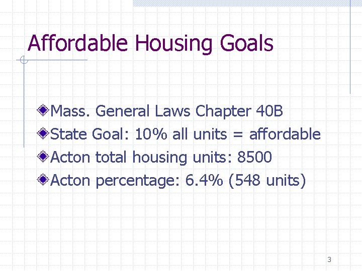 Affordable Housing Goals Mass. General Laws Chapter 40 B State Goal: 10% all units