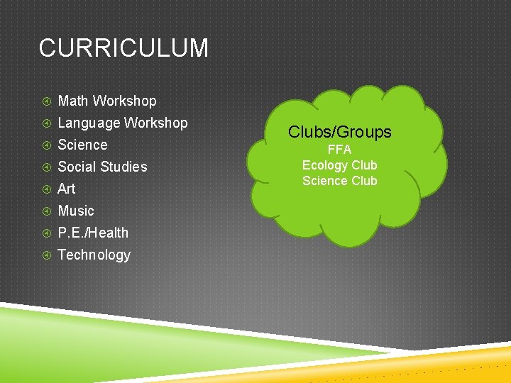 CURRICULUM Math Workshop Language Workshop Science Social Studies Art Music P. E. /Health Technology
