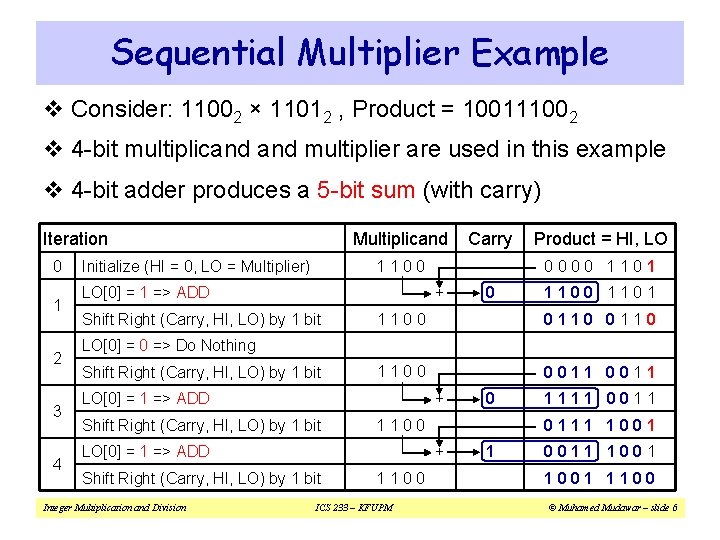 Sequential Multiplier Example v Consider: 11002 × 11012 , Product = 100111002 v 4