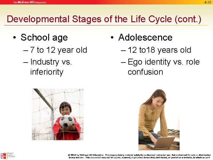 4 -10 Developmental Stages of the Life Cycle (cont. ) • School age –
