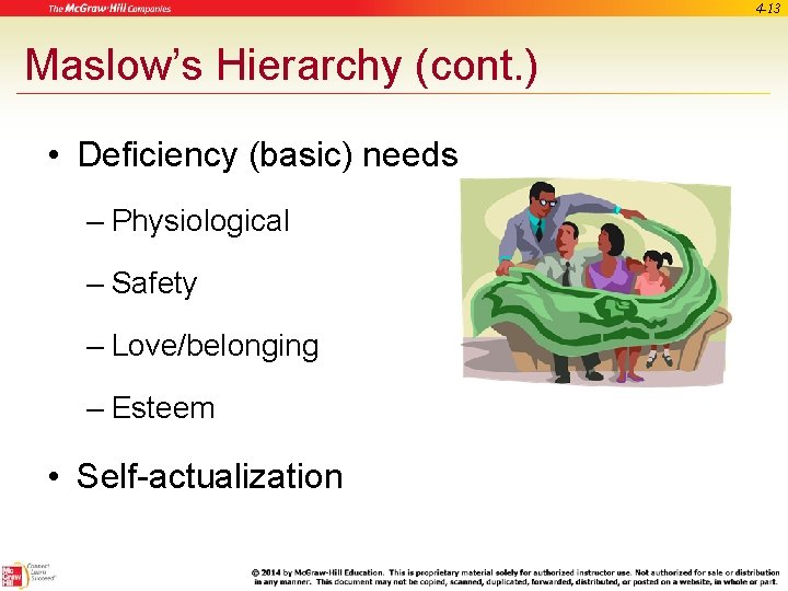 4 -13 Maslow’s Hierarchy (cont. ) • Deficiency (basic) needs – Physiological – Safety