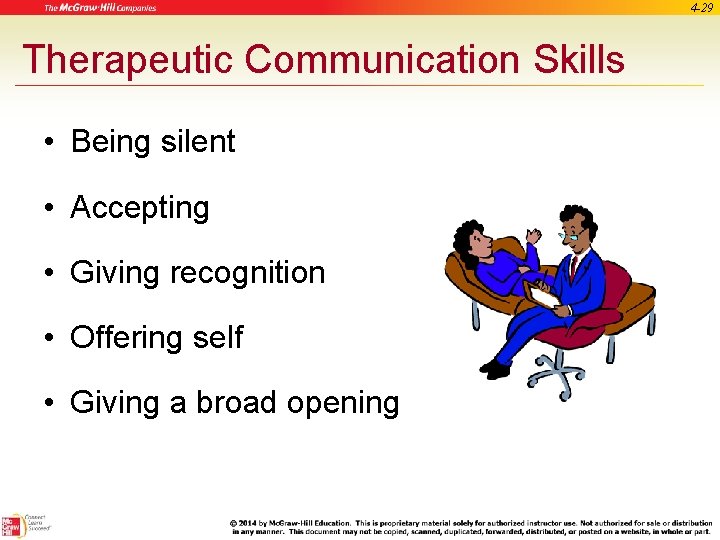 4 -29 Therapeutic Communication Skills • Being silent • Accepting • Giving recognition •