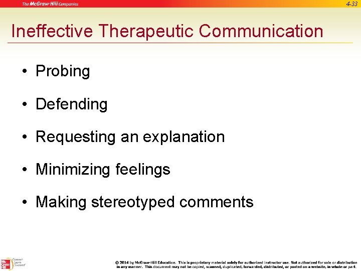 4 -33 Ineffective Therapeutic Communication • Probing • Defending • Requesting an explanation •