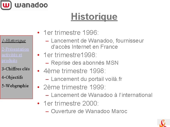 Historique • 1 er trimestre 1996: 1 -Historique – Lancement de Wanadoo, fournisseur d’accès