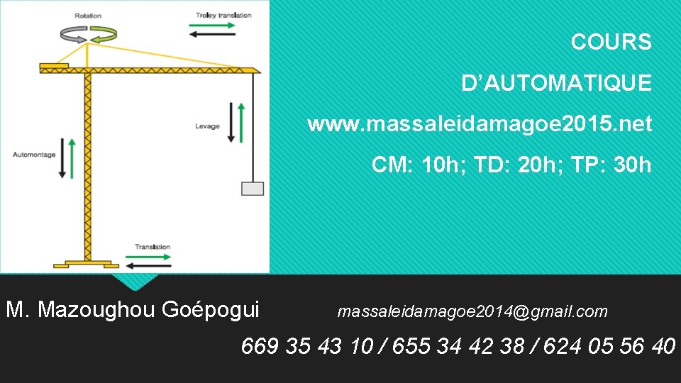 COURS D’AUTOMATIQUE www. massaleidamagoe 2015. net CM: 10 h; TD: 20 h; TP: 30