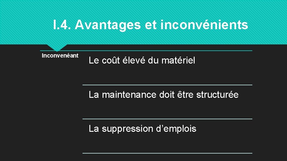 I. 4. Avantages et inconvénients Inconvenéant Le coût élevé du matériel La maintenance doit