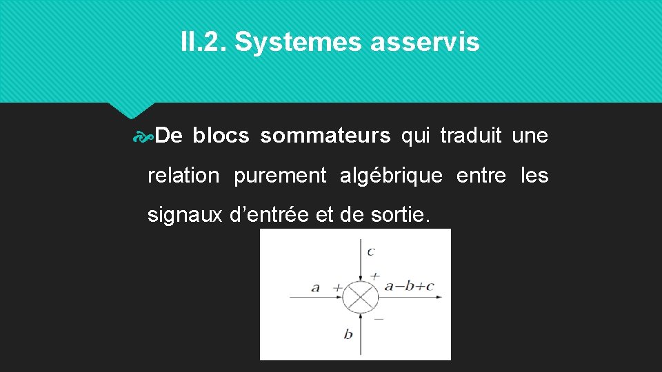 II. 2. Systemes asservis De blocs sommateurs qui traduit une relation purement algébrique entre