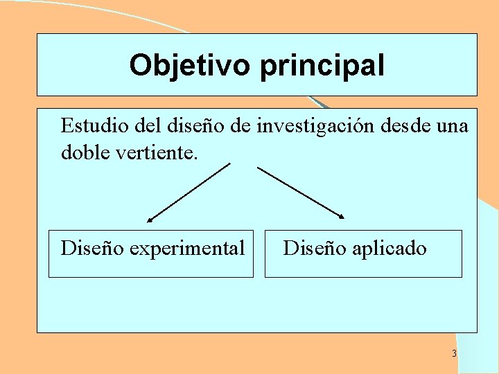 Objetivo principal Estudio del diseño de investigación desde una doble vertiente. Diseño experimental Diseño