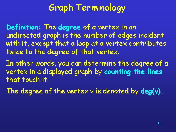 Graph Terminology Definition: The degree of a vertex in an undirected graph is the