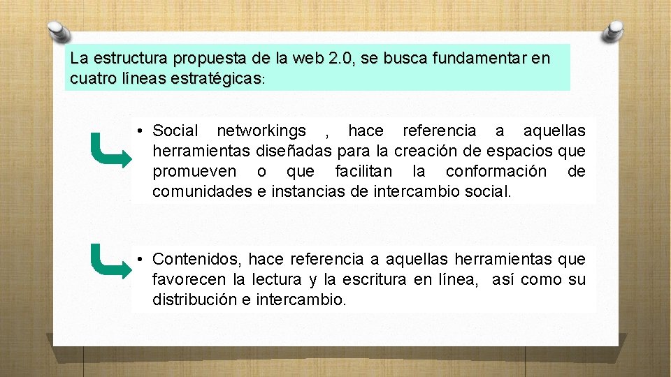 La estructura propuesta de la web 2. 0, se busca fundamentar en cuatro líneas