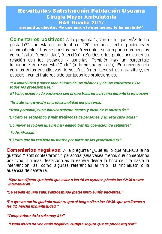 Resultados Satisfacción Población Usuaria Cirugía Mayor Ambulatoria HAR Guadix 2017 (preguntas abiertas “lo que