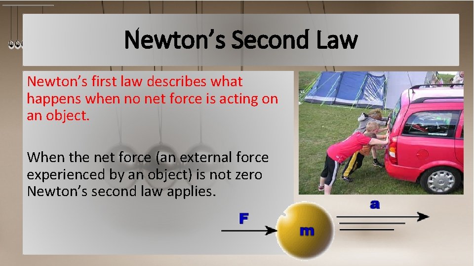 Newton’s Second Law Newton’s first law describes what happens when no net force is