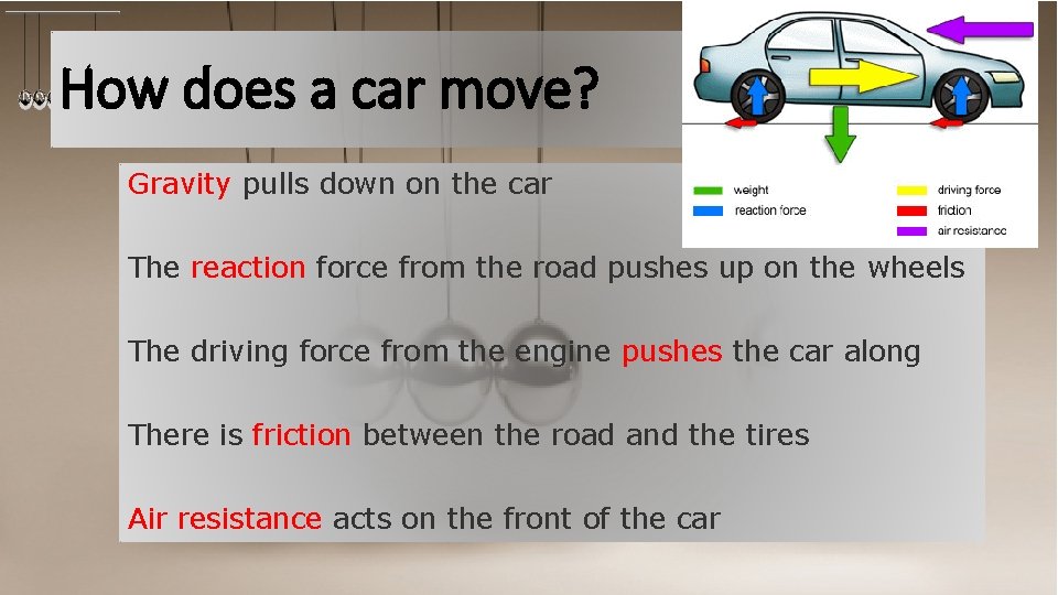 How does a car move? Gravity pulls down on the car The reaction force