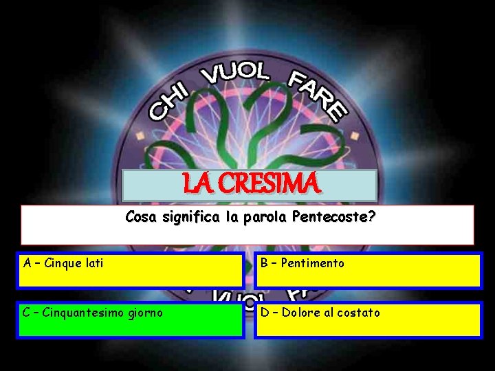 LA CRESIMA Cosa significa la parola Pentecoste? A – Cinque lati B – Pentimento LA CRESIMA Cosa significa la parola Pentecoste? A – Cinque lati B – Pentimento