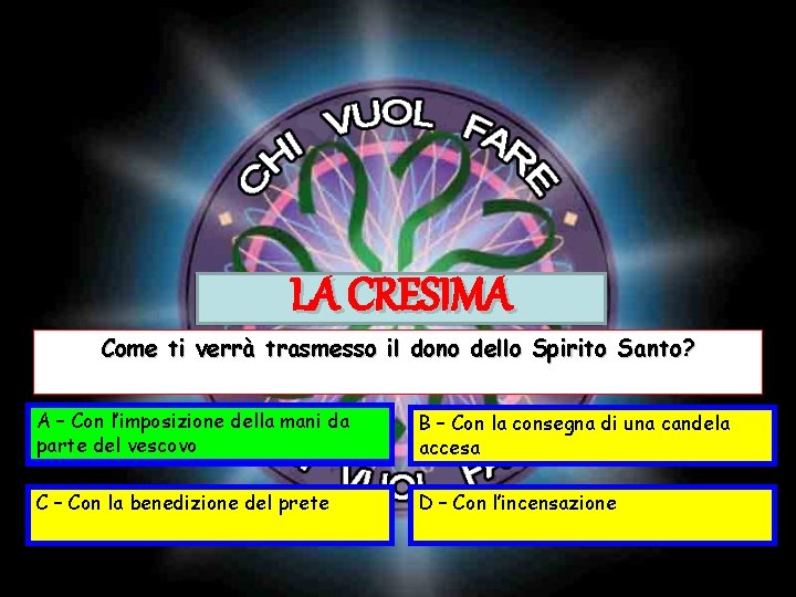LA CRESIMA Come ti verrà trasmesso il dono dello Spirito Santo? A – Con LA CRESIMA Come ti verrà trasmesso il dono dello Spirito Santo? A – Con