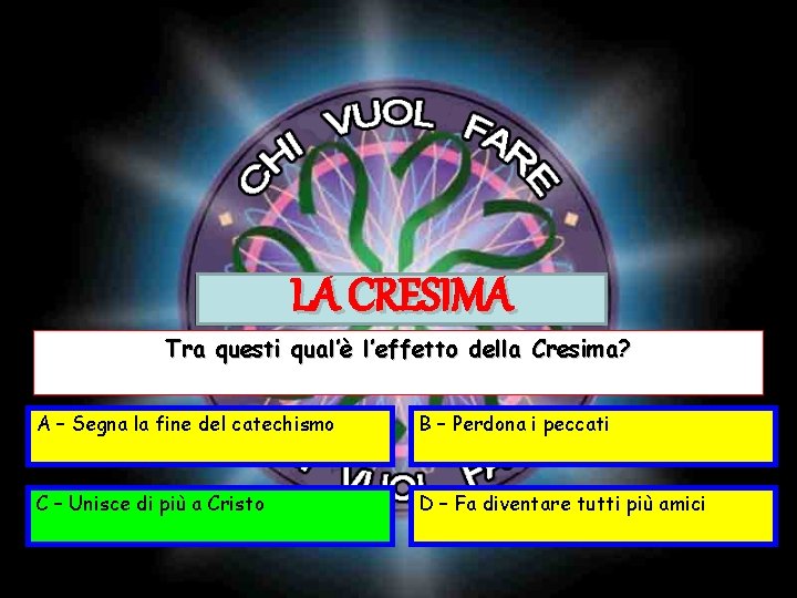 LA CRESIMA Tra questi qual’è l’effetto della Cresima? A – Segna la fine del LA CRESIMA Tra questi qual’è l’effetto della Cresima? A – Segna la fine del
