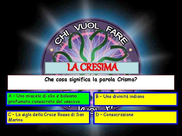 LA CRESIMA Che cosa significa la parola Crisma? A ––Una Unamisceladi diolioeebalsamo profumato consacrato LA CRESIMA Che cosa significa la parola Crisma? A ––Una Unamisceladi diolioeebalsamo profumato consacrato