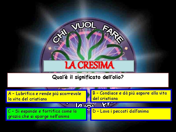 LA CRESIMA Qual’è il significato dell’olio? A – Lubrifica e rende più scorrevole la LA CRESIMA Qual’è il significato dell’olio? A – Lubrifica e rende più scorrevole la