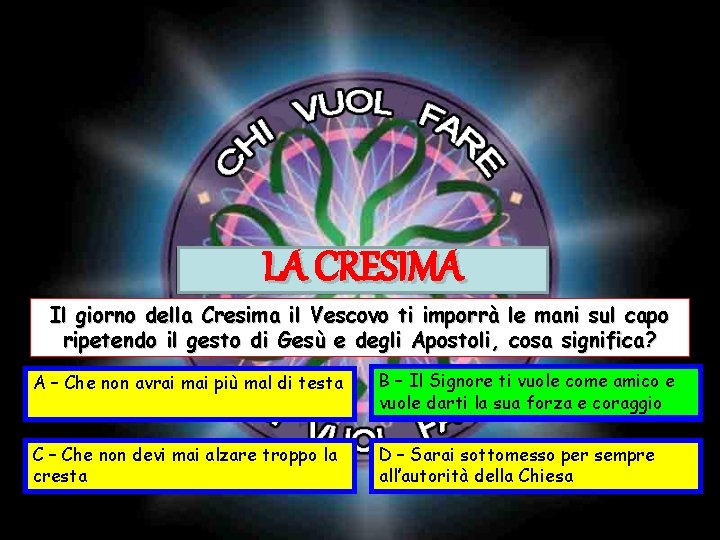 LA CRESIMA Il giorno della Cresima il Vescovo ti imporrà le mani sul capo LA CRESIMA Il giorno della Cresima il Vescovo ti imporrà le mani sul capo