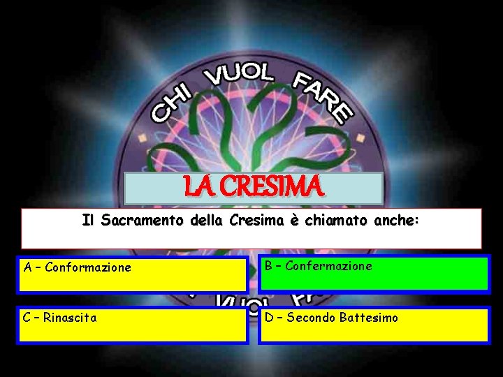 LA CRESIMA Il Sacramento della Cresima è chiamato anche: A – Conformazione B –- LA CRESIMA Il Sacramento della Cresima è chiamato anche: A – Conformazione B –-