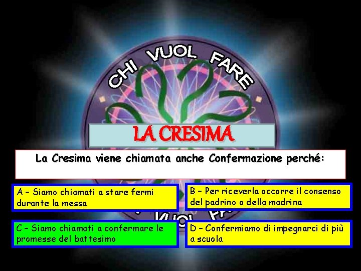 LA CRESIMA La Cresima viene chiamata anche Confermazione perché: A – Siamo chiamati a LA CRESIMA La Cresima viene chiamata anche Confermazione perché: A – Siamo chiamati a