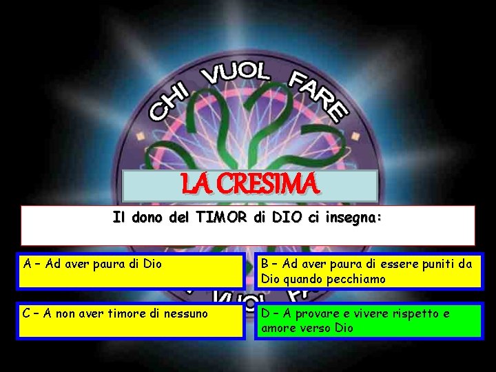 LA CRESIMA Il dono del TIMOR di DIO ci insegna: A – Ad aver LA CRESIMA Il dono del TIMOR di DIO ci insegna: A – Ad aver