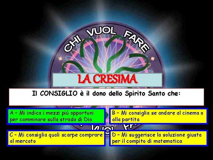 LA CRESIMA Il CONSIGLIO è il dono dello Spirito Santo che: A – Mi LA CRESIMA Il CONSIGLIO è il dono dello Spirito Santo che: A – Mi