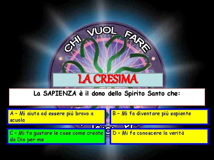 LA CRESIMA La SAPIENZA è il dono dello Spirito Santo che: A – Mi LA CRESIMA La SAPIENZA è il dono dello Spirito Santo che: A – Mi