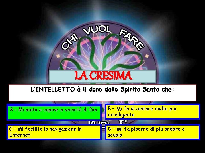 LA CRESIMA L’INTELLETTO è il dono dello Spirito Santo che: A –- Mi aiuta LA CRESIMA L’INTELLETTO è il dono dello Spirito Santo che: A –- Mi aiuta