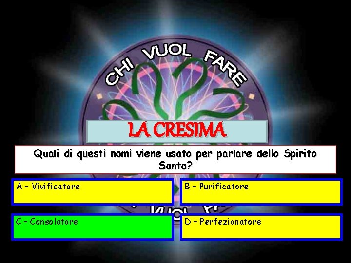 LA CRESIMA Quali di questi nomi viene usato per parlare dello Spirito Santo? A LA CRESIMA Quali di questi nomi viene usato per parlare dello Spirito Santo? A