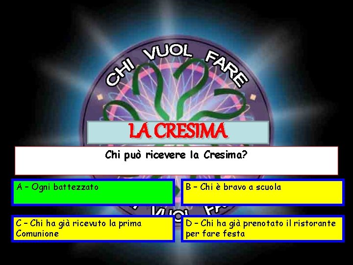 LA CRESIMA Chi può ricevere la Cresima? A – Ogni battezzato B – Chi LA CRESIMA Chi può ricevere la Cresima? A – Ogni battezzato B – Chi